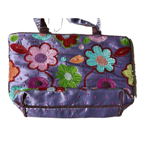 Handmade Floral Sequin Handbag Womens M Purple Satin Beaded Evening Purse Boho - Picture 8 of 10